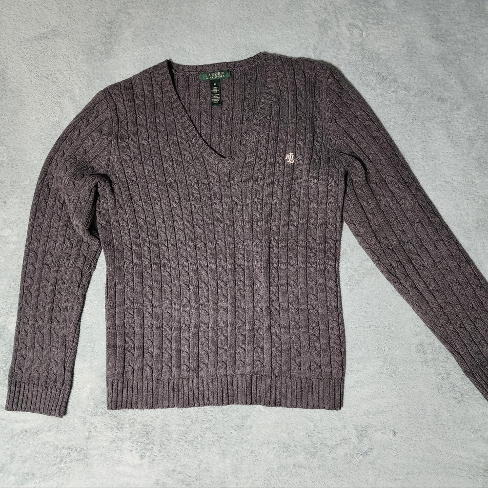 Ralph Lauren Women's Grey V-Neck Cable Knit 100% Cotton Sweater Size Medium